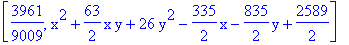 [3961/9009, x^2+63/2*x*y+26*y^2-335/2*x-835/2*y+2589/2]